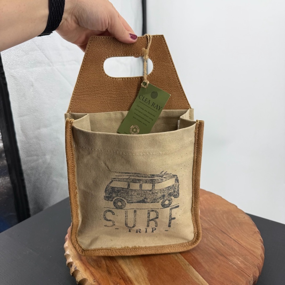 Clea Ray "Surf Trip" beer carrier bag made from‎ upcycled canvas and leather